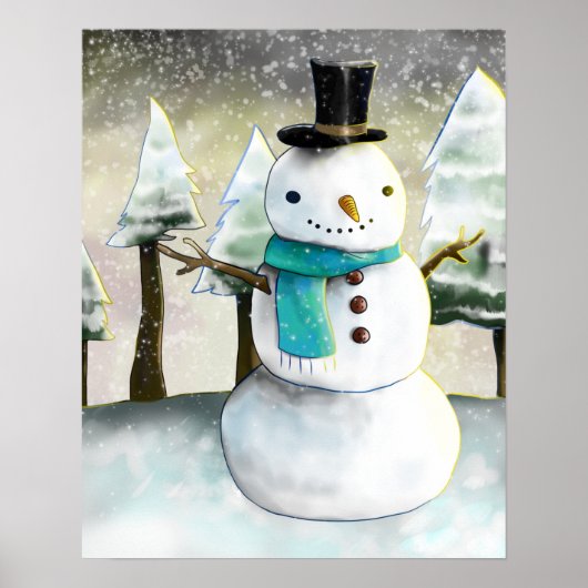 Whimsical Snowman in Winter Kersttekening Poster (Voorkant)
