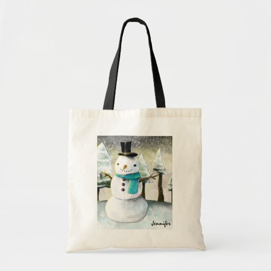 Whimsical Snowman in Winter Kersttekening Tote Bag (Voorkant)