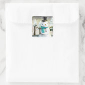 Whimsical Snowman in Winter Kersttekening Vierkante Sticker (Tas)
