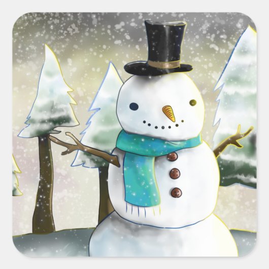 Whimsical Snowman in Winter Kersttekening Vierkante Sticker (Voorkant)