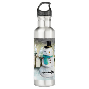 Whimsical Snowman in Winter Kersttekening Waterfles