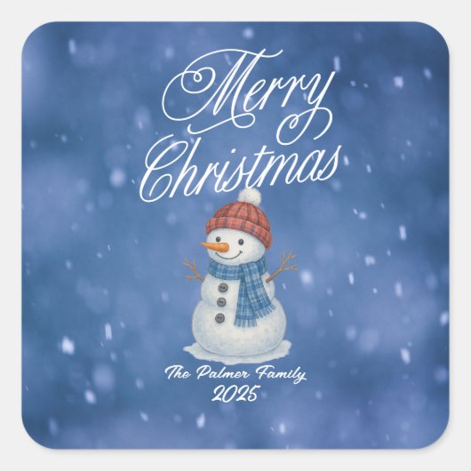 Whimsical Snowman Merry Kerstmis Vierkante Sticker (Voorkant)