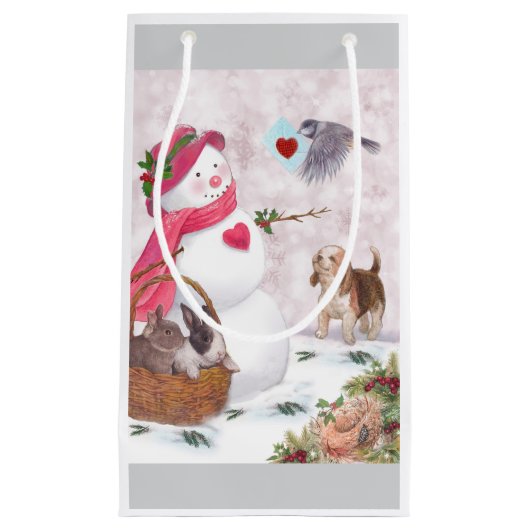 Whimsical Snowman met dieren Vrede Klein Cadeauzakje (Voorkant)