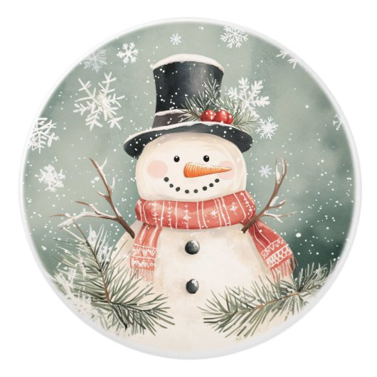 Whimsical Snowman Rustic Christmas Illustration Keramische Knop (Voorkant)