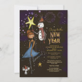 Whimsical Snowman & Starry Night New Year's Eve Kaart (Voorkant)