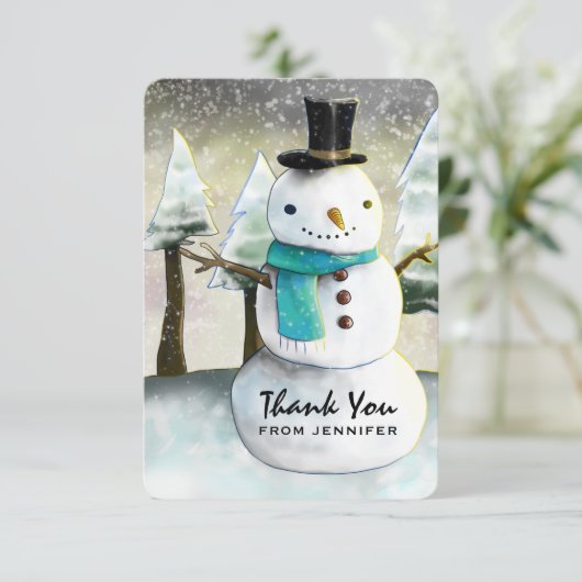 Whimsical Snowman Winter Scene Kerstdank Bedankkaart (Staand voorkant)