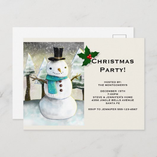 Whimsical Snowman Winter Scene - Kerstfeest Uitnodiging Briefkaart (Voorkant / Achterkant)