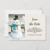 Whimsical Snowman Winter Scene kersttekening Save The Date (Voorkant)