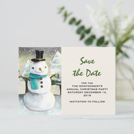 Whimsical Snowman Winter Scene kersttekening Save The Date (Staand voorkant)