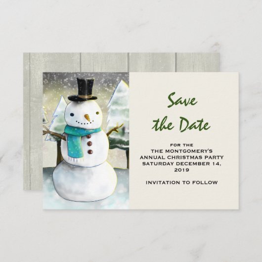 Whimsical Snowman Winter Scene kersttekening Save The Date (Voorkant / Achterkant)