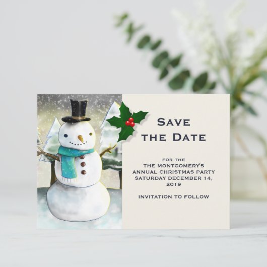 Whimsical Snowman Winter Scene kersttekening Save The Date (Staand voorkant)