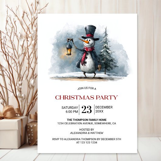 Whimsical Snowman with Lantern Christmas Party Kaart