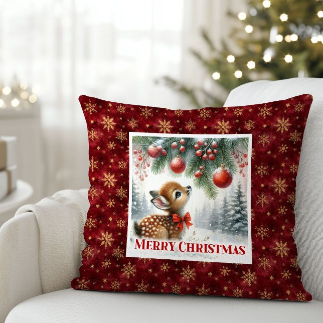 Whimsical snowy forest baby deer festive Christmas Kussen (Whimsical snowy forest baby deer festive Christmas pillow)