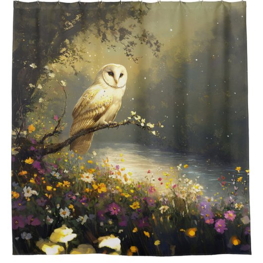Whimsical Snowy White Owl Wildflowers Art Douchegordijn (Voorkant)