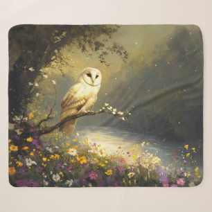 Whimsical Snowy White Owl Wildflowers Art Sherpa Deken