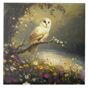Whimsical Snowy White Owl Wildflowers Art Tegeltje