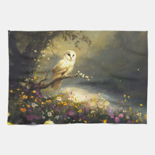 Whimsical Snowy White Owl Wildflowers Art Theedoek