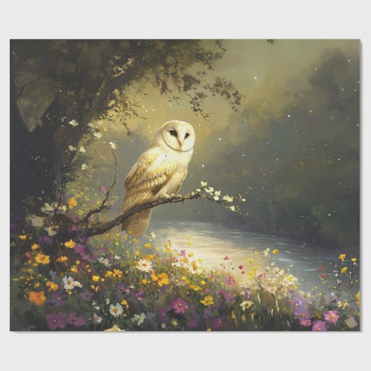 Whimsical Snowy White Owl Wildflowers Decoupage Cadeaupapier (Vlak)