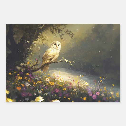 Whimsical Snowy White Owl Wildflowers Decoupage Inpakpapier Vel (Voorkant 3)