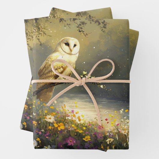 Whimsical Snowy White Owl Wildflowers Decoupage Inpakpapier Vel (In situ)
