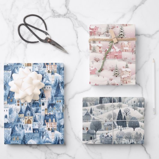 Whimsical Snowy Winter Village Holiday Pattern  Inpakpapier Vel (Voorkant)