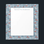 Whimsical Snowy Woodland Foxes Bird Nordic Pattern Notitieblok<br><div class="desc">Moderne Noordse Scandi-achtige vormgeving van beschilderde witte bossen winter met vossen en wintervogels: sneeuwowls en stierenvinken,  in neutrale tinten blauw,  rood en wit,  met donkergrijze bomen en takken.</div>