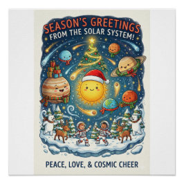 Whimsical Solar System Christmas Party with people Perfect Poster