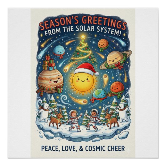 Whimsical Solar System Christmas Party with people Perfect Poster (Voorkant)