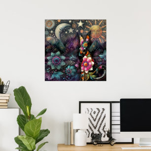 Whimsical Southwest Coyote Dier Bloemen Zon Maan Poster