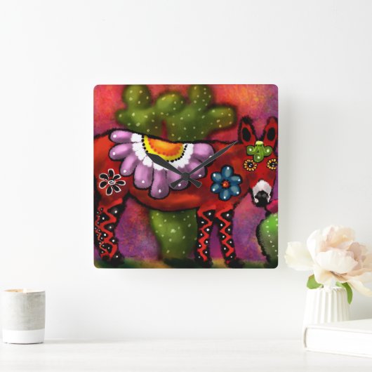 Whimsical Southwest Floral Talavera-stijl ezel Vierkante Klok (Huis)