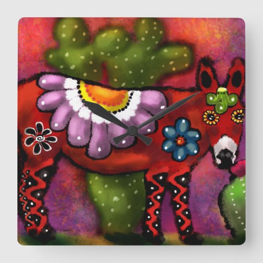 Whimsical Southwest Floral Talavera-stijl ezel Vierkante Klok (Voorkant)