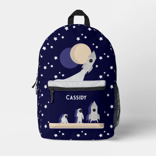 Whimsical Space Astronaut Raketsterren Kinder naam Bedrukte Rugzak (Voorkant)