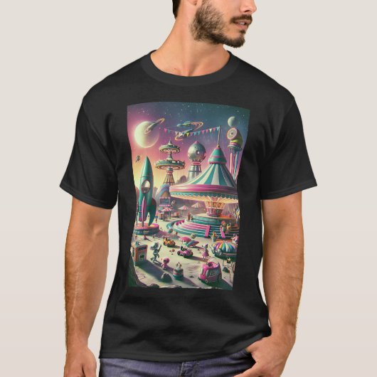 Whimsical Space Carnaval in felle, gedurfde kleure T-shirt (Voorkant)