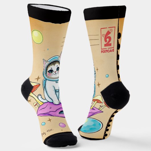 Whimsical Space Cat Retro Sokken (Gebogen)