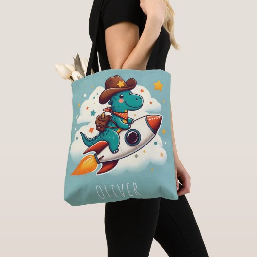 Whimsical Space Cowboy Riding Rocket Tote Bag (Dichtbij)