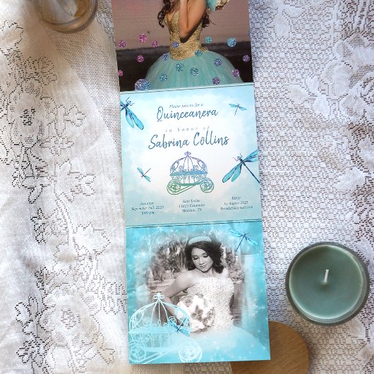 Whimsical Sparkles Turquoise Dragonfly Quinceañera Drieluik Wenskaart