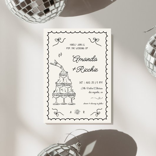 Whimsical speelse champagne toren Doodle bruiloft Kaart