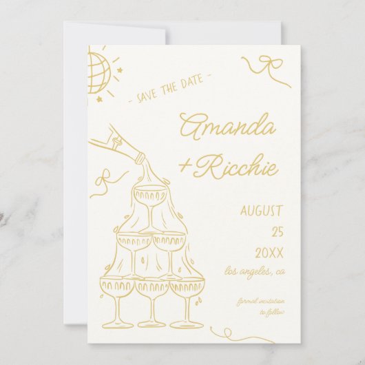 Whimsical Speelse Champagnetoren Doodle Bruiloft Save The Date (Voorkant)