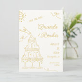 Whimsical Speelse Champagnetoren Doodle Bruiloft Save The Date (Staand voorkant)