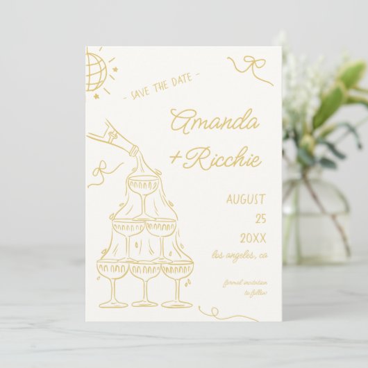Whimsical Speelse Champagnetoren Doodle Bruiloft Save The Date (Staand voorkant)