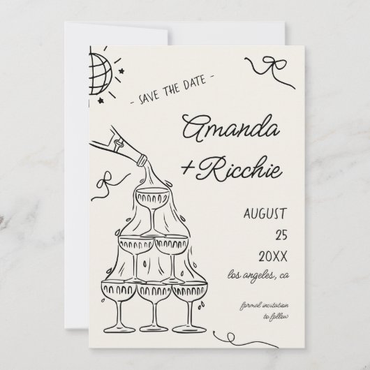 Whimsical Speelse Champagnetoren Doodle Bruiloft Save The Date (Voorkant)