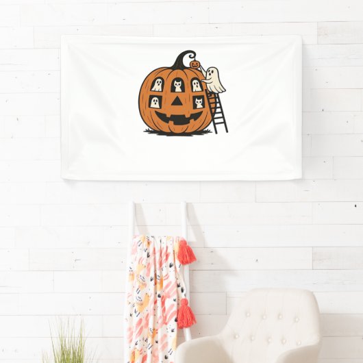 Whimsical Spooky Pumpkin met geesten, katten en ha Spandoek (Insitu)