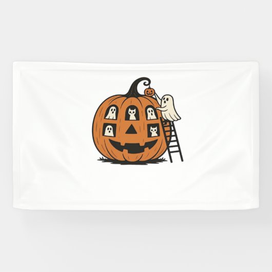 Whimsical Spooky Pumpkin met geesten, katten en ha Spandoek (Horizontaal)