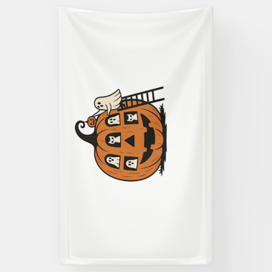 Whimsical Spooky Pumpkin met geesten, katten en ha Spandoek (Verticaal)