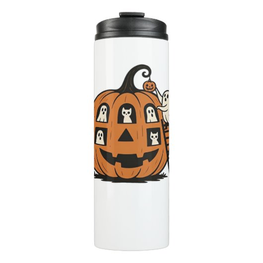 Whimsical Spooky Pumpkin met geesten, katten en ha Thermosbeker (Voorkant)