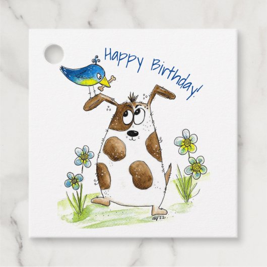 Whimsical Spotted Dog met Bird Bedankjes Labels (Voorkant)
