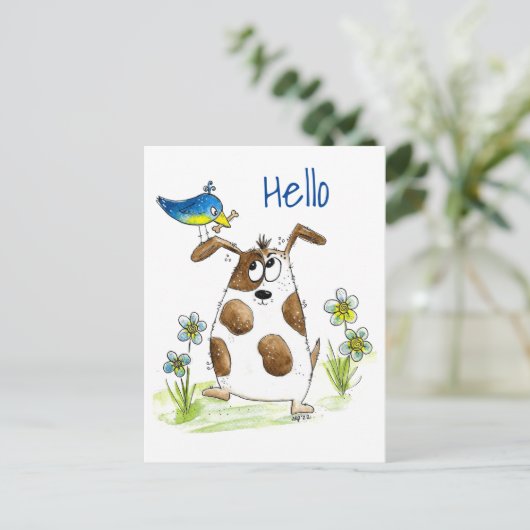 Whimsical Spotted Dog met Bird Briefkaart (Staand voorkant)