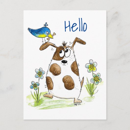 Whimsical Spotted Dog met Bird Briefkaart (Voorkant)
