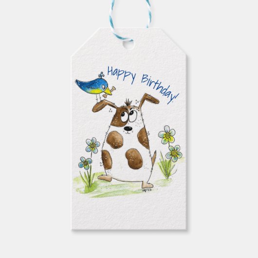 Whimsical Spotted Dog met Bird Cadeaulabel (Voorkant)