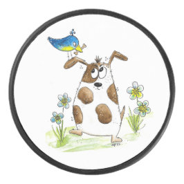 Whimsical Spotted Dog met Bird Hockey Puck